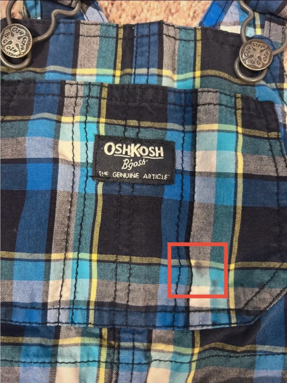 OshKosh B'gosh Blue Plaid Short Overalls with Yellow Accentsf